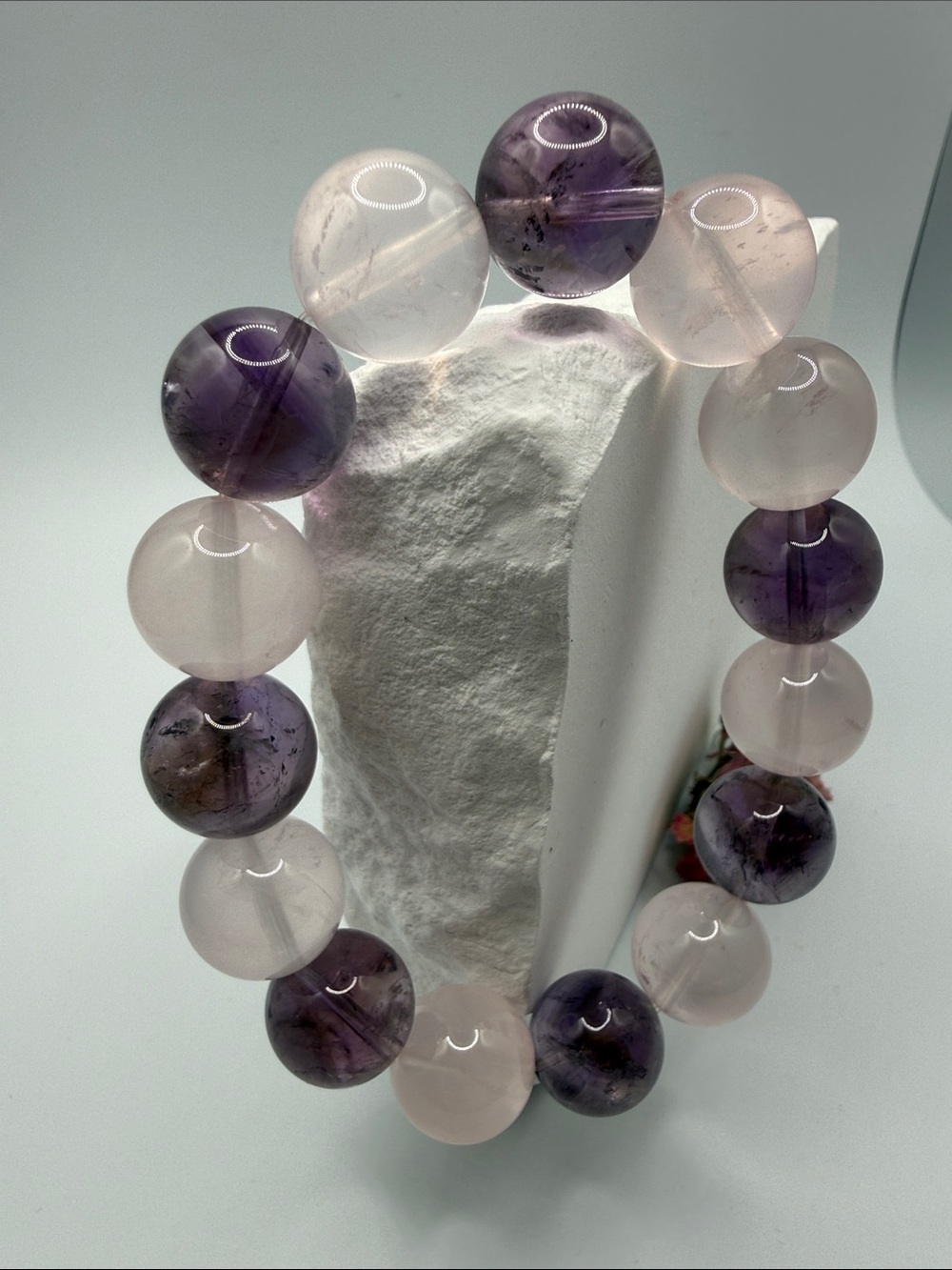 Amethyst & Rose Quartz Beaded Stretch Bracelet - Purple and Pink - Picture 3 of 7